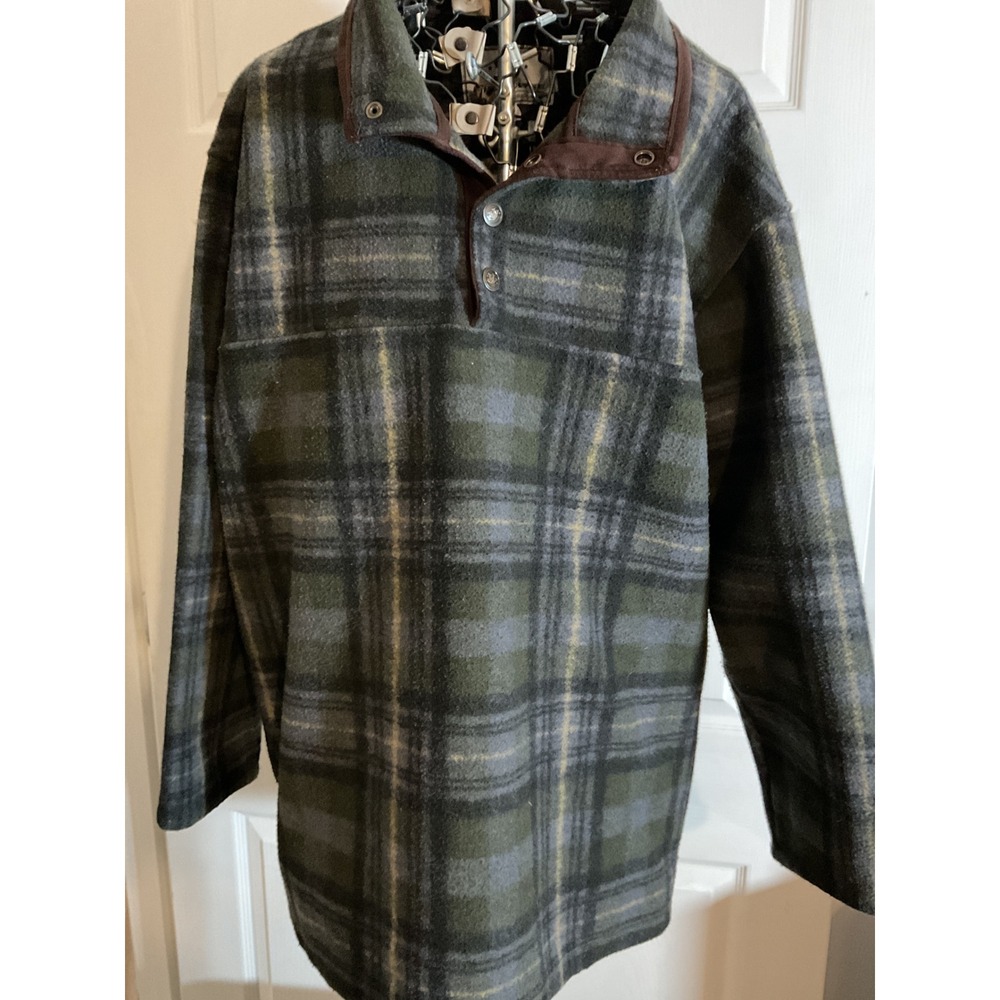 John Wayne Plaid Fleece Pullover‎ Shirt Jacket Mens XL Snap Collar Brown Trim